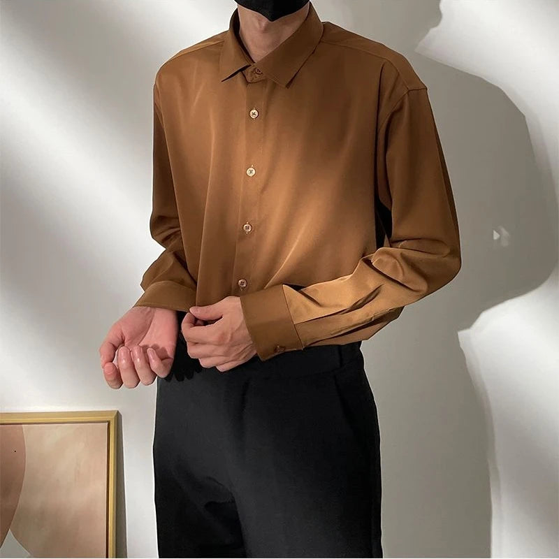 Spring New Senior Coffee Color Solid Long Sleeve Mens Shirts Korean Version Loose Chiffon Silk Shirt Men Casual Fashion Blouse voguable