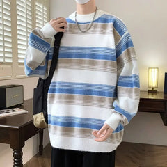 Autumn Winter New Fashion Round Neck Long Sleeve Striped Pullovers Men's Clothing Casual Loose Korean All-match Knitting Tops voguable