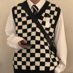 Autumn New Men Clothing Checkerboard Sweater Vest for Men and Women Vintage V-neck Sleeveless Plaid Knitted Sweater Vest voguable