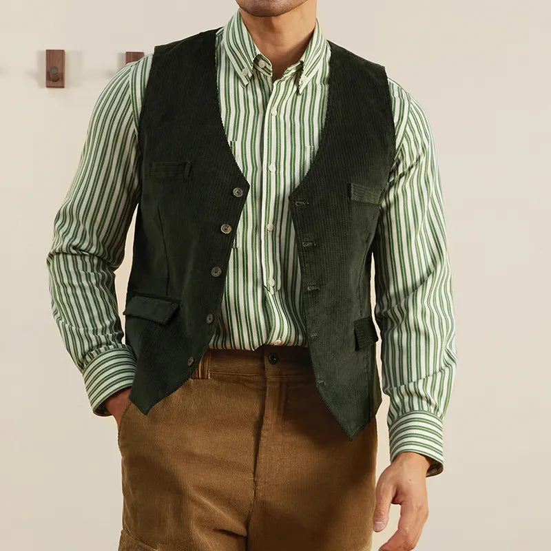 Men's Vest Army Green Corduroy Tweed V Neck Retro Tooling Waistcoat Male Gentleman Business Waistcoat Steampunk Clothing Vest voguable