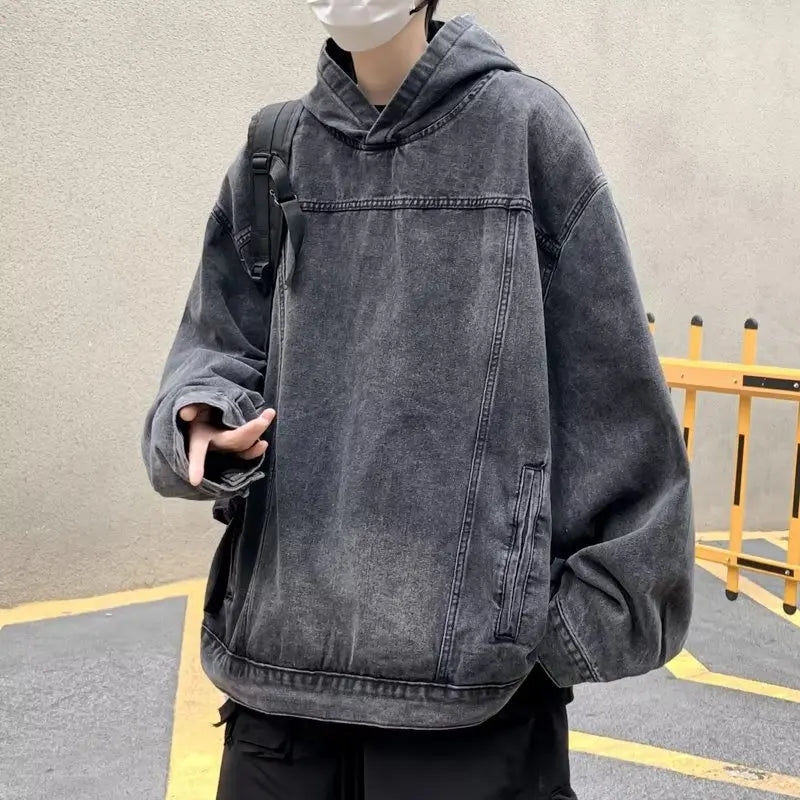 American Washed Retro Denim Hoodie Men's Design Sense Hooded Y2k Harajuku Autumn And Winter Fashion Trend Heavy Oversize Coat voguable