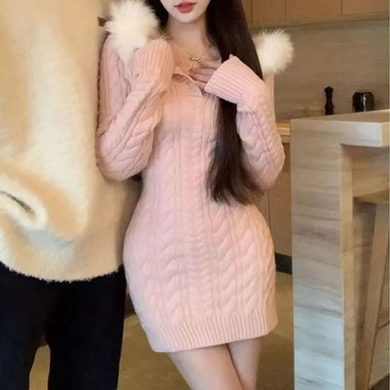 Autumn Winter Elegant Women Sweater Christmas Red Slim Fur Patchwork Hooded Knitted Dress Female Korean Knitwear Hoodie Tops voguable