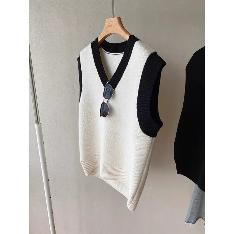 High Quality Acrylic Black and White Patchwork Knitted Sweater Vests for Men and Women Autumn New V-neck Sleeveless Men's Vest voguable