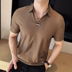 Men Waffle Polo Shirt 2024 British Style Summer Ice Silk Thin Solid Casual Elastic Slim Fit Short Sleeved T-shirt Men Clothing voguable