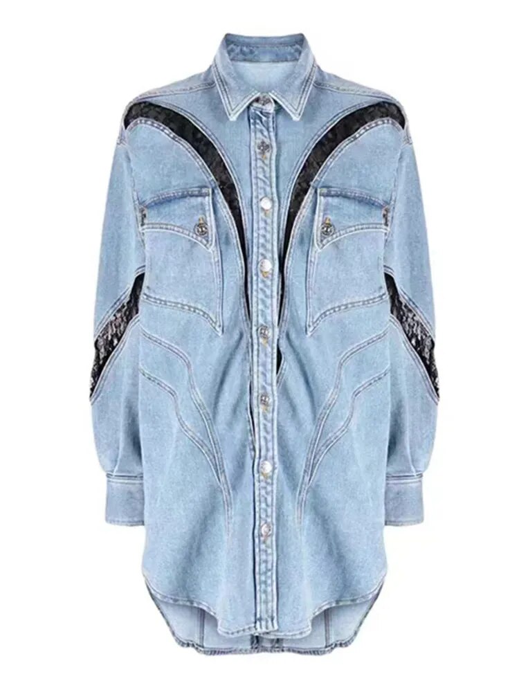 Fashion Women's Coat Loose Lapel Single Breasted Full Sleeve Lace Splited Solid Color Denim Jackets Summer  New voguable