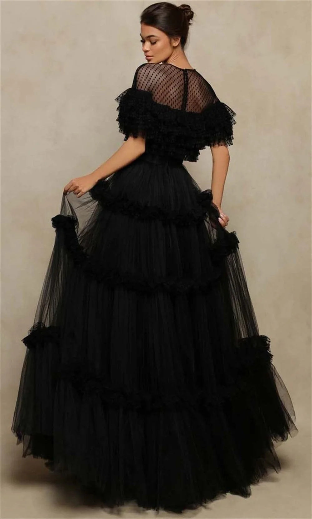 Voguable   Black Multilaye Evening Dress Wave Point Prom Dress Sexy O-neck Party Dress Tulle A-line voguable