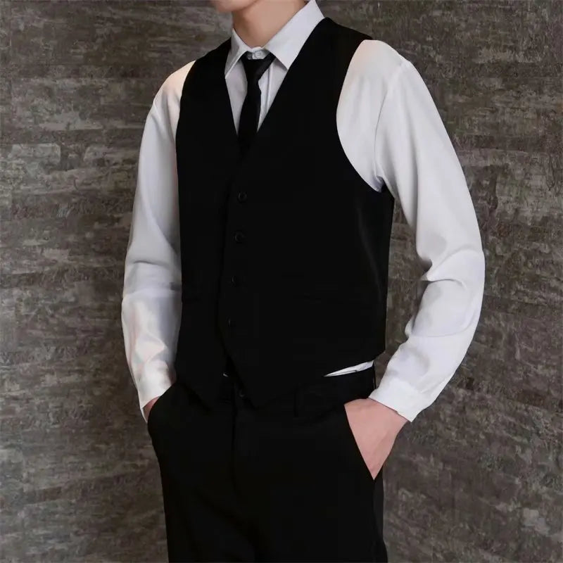 Spring and Autumn Thin British Slim Professional Suit Vests for Men Black Business Casual V-neck Sleeveless Button Men's Vest voguable