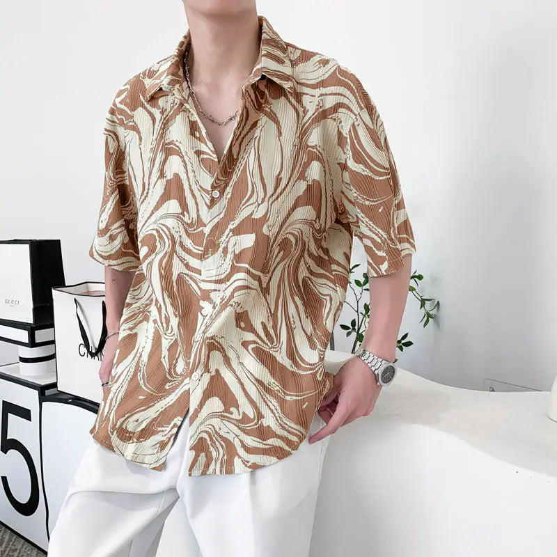 2024 New High-end Tie-dye Ice Silk Shirt Men Short Sleeve Niche Design Thin Loose Casual Korean Harajuku Summer Mens Shirts voguable