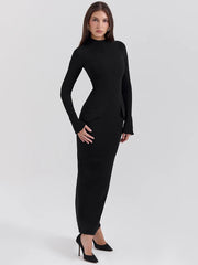 Mozision Black Long Sleeve Sexy Maxi Dress For Women Autumn Winter New O Neck Two Pocket Back Split Bodycon Long Dress Elegant voguable