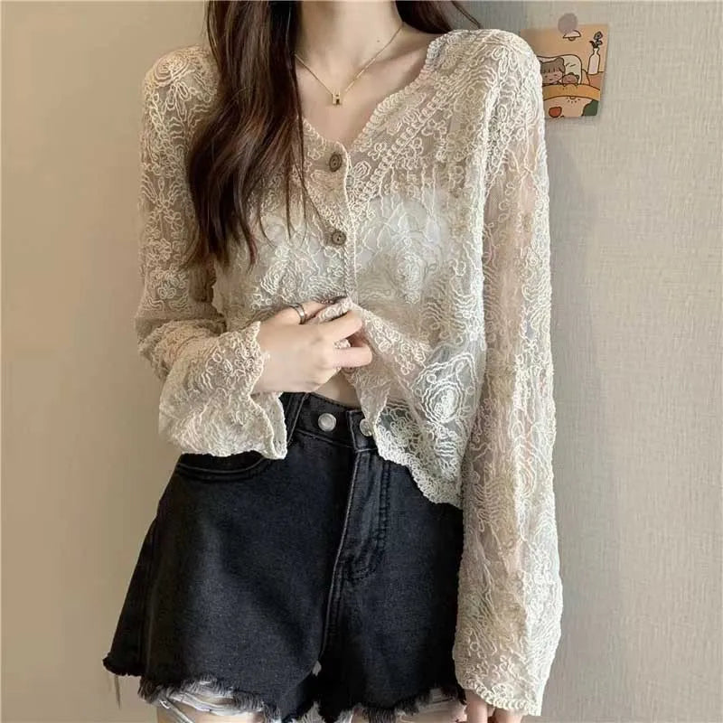 Spring Summer Korean Design Sense Hook Flower Hollow Lace Shirt Senior Sense Foreign Air V-Neck Long Sleeve Sun Protection Tops voguable