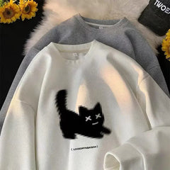 Voguable Streetwear Harajuku Waffle Cotton Kawaii Hoodies for Men O-Neck Oversized Sweatshirt Y2K Black Cat HIP HOP Punk Winter Clothes voguable