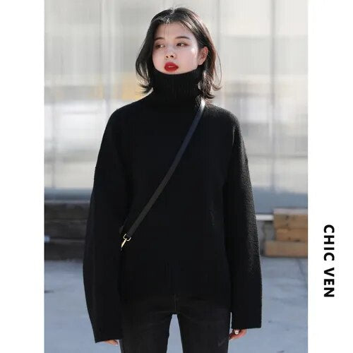 Korean Women's Sweater Loose Turtleneck Sweaters Warm Solid Pullover Knitwear Basic Female Tops Autumn Winter voguable