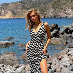 2024 Summer Women V-Neck Backless Black White Stripes Contrast Color Knitted Crochet Split Holiday Dress Personality Simplicity voguable