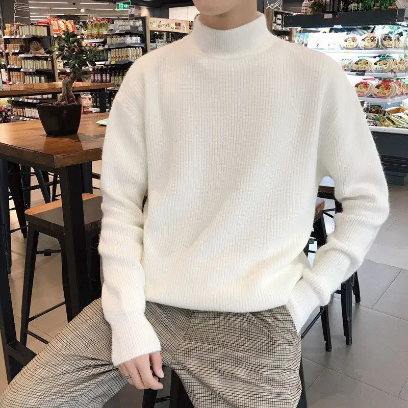 Autumn Winter New Fashion Long Sleeve Half High Collar Solid Pullovers Men's Clothing All-match Knitting Korean Simplicity Top voguable