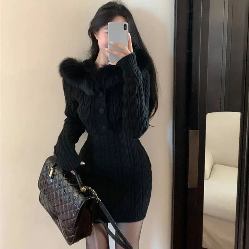 Autumn Winter Elegant Women Sweater Christmas Red Slim Fur Patchwork Hooded Knitted Dress Female Korean Knitwear Hoodie Tops voguable