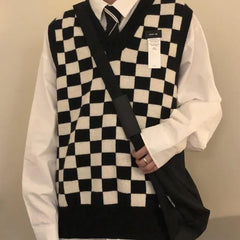 Autumn New Men Clothing Checkerboard Sweater Vest for Men and Women Vintage V-neck Sleeveless Plaid Knitted Sweater Vest voguable