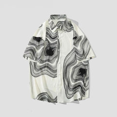 2023 New Korean Fashion Design Irregular Shirt Men Texture Pattern Loose Short Sleeve Summer Silky Drape Non-ironing Lapel Shirt voguable