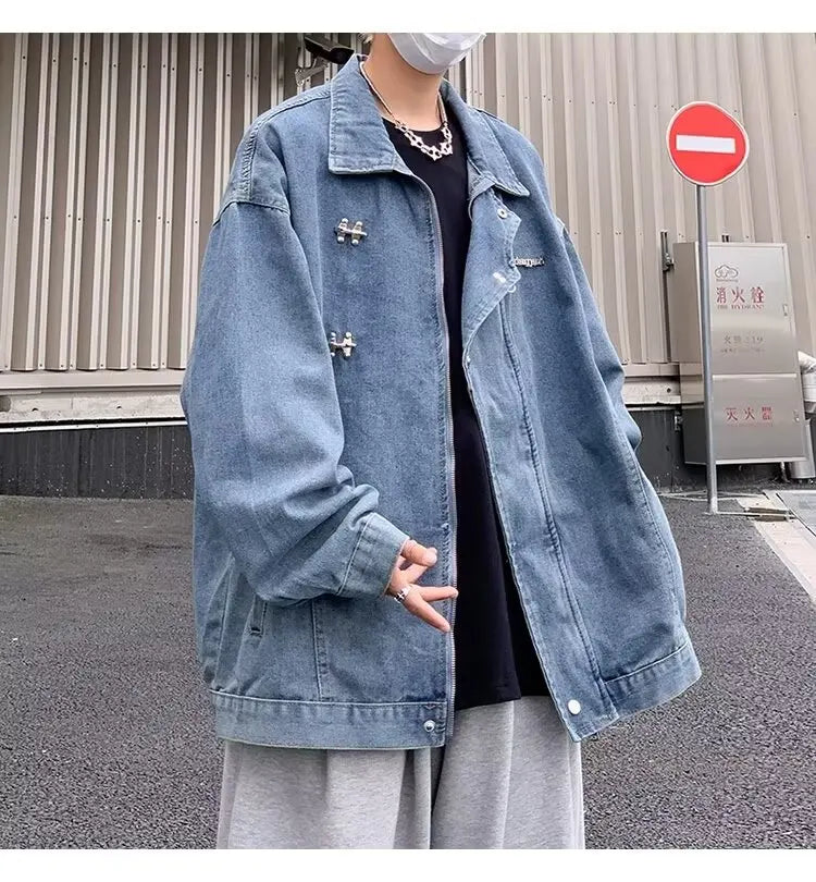 American-styleMen's Denim Jackets High Street Zippers Coat Vintage Washed Distressed Cowboy Jacket Spring Casual Streetwear New voguable