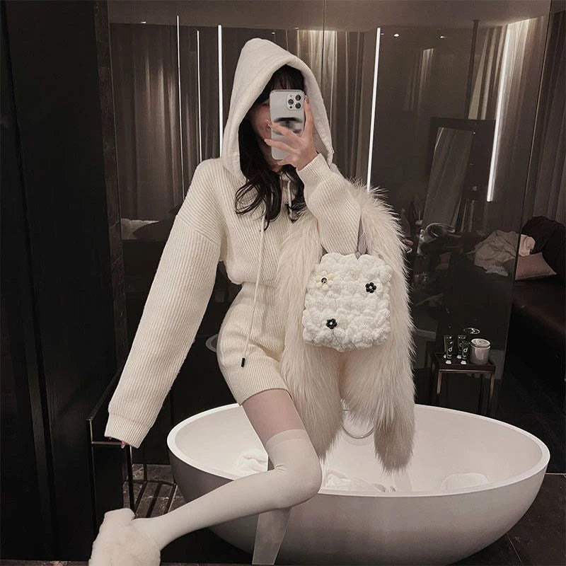 MEXZT Streetwear Knitted Mini Dress Women Hooded Sweater A Line Dresses Winter Korean Solid High Waist Slim Casual Vestidos New voguable