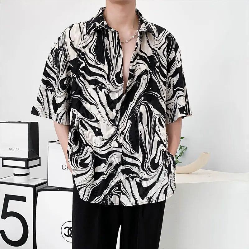 2024 New High-end Tie-dye Ice Silk Shirt Men Short Sleeve Niche Design Thin Loose Casual Korean Harajuku Summer Mens Shirts voguable