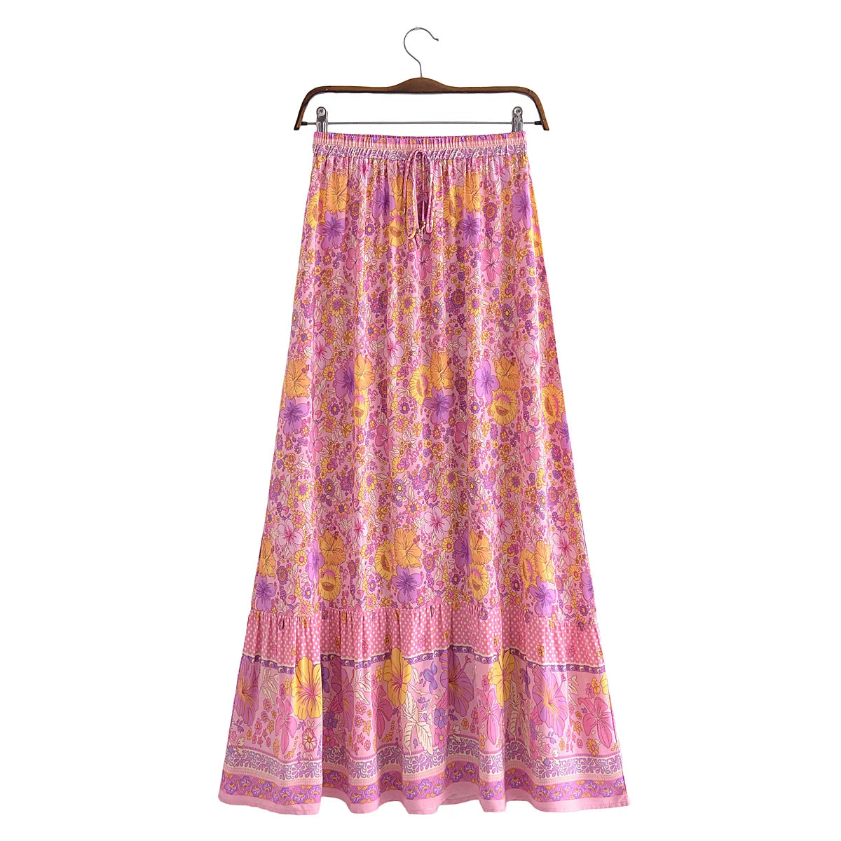 Voguable Pink Contrast Flower Print Maxi Long Skirt Spliced Ruffle Hem Hippie Women Ball Tassel Bow Waist Swing Skirts Holiday voguable