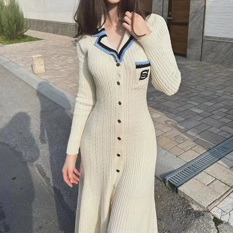 2024 Autumn Elegant Slim Knitted Long Dress Women's Letter Single Breasted Long Sleeved Designer Vintage Dresses Winter Sweater voguable