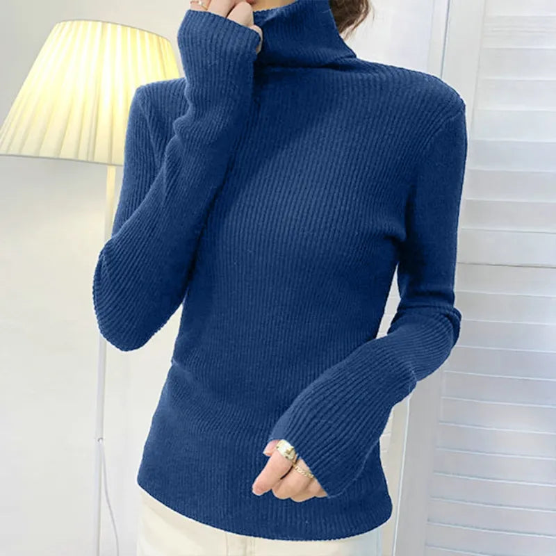Elegant Solid Basic Knitted Tops Women Turtlneck Sweater Long Sleeve Casual Slim Pullover Korean Fashion Simple Chic Clothes voguable