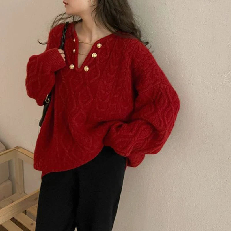 Voguable  Elegant Women Sweet Knitted Sweater Lazy Wind Loose Casual Jumpers Korean Female All Match Vintage Fall Winter Pullover voguable