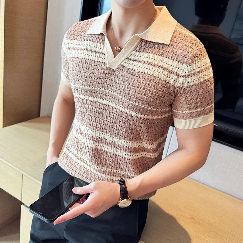 Men Knitted Polo Shirt 2024 Summer New Thin Striped Jacquard Patchwork Color Short Sleeved Casual V-neck T-shirt Men Clothing voguable