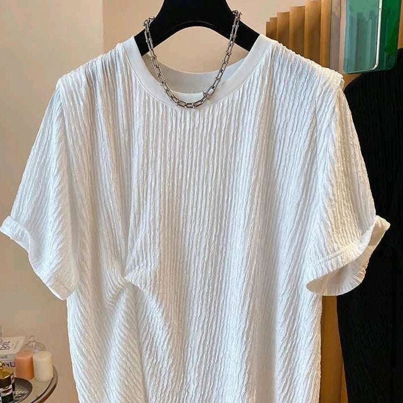 Summer Men's Clothing Luxury Korean Popular O Collar T-shirt  Streetwear Leisure Short Sleeve Solid Color Retro Fashion Textured voguable