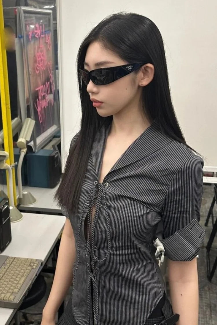 HOUZHOU Vintage Sexy Coquette Blouses Women Korean Style Punk Streetwear Striped Print Bandage Hollow Out Slim Shirts 2024 Y2k voguable