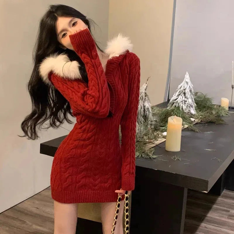 Autumn Winter Elegant Women Sweater Christmas Red Slim Fur Patchwork Hooded Knitted Dress Female Korean Knitwear Hoodie Tops voguable