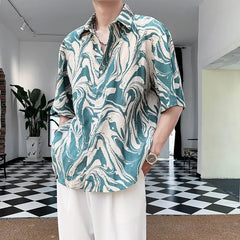 2024 New High-end Tie-dye Ice Silk Shirt Men Short Sleeve Niche Design Thin Loose Casual Korean Harajuku Summer Mens Shirts voguable