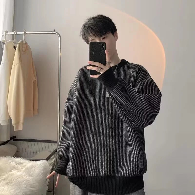 Voguable Striped Knitted Sweater Coat Men Japanese Oversize Casual Autumn Winter Loose O-neck Pullovers for Man Streetwear voguable