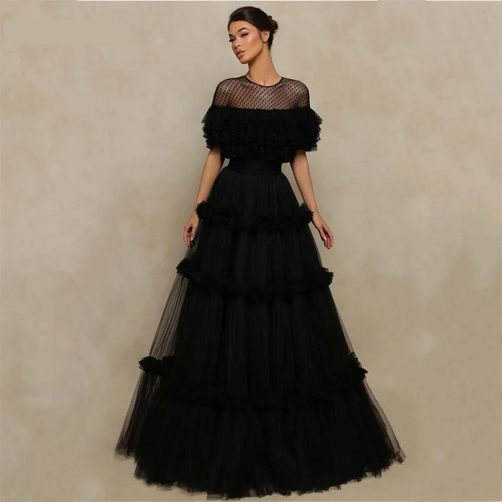 Voguable   Black Multilaye Evening Dress Wave Point Prom Dress Sexy O-neck Party Dress Tulle A-line voguable