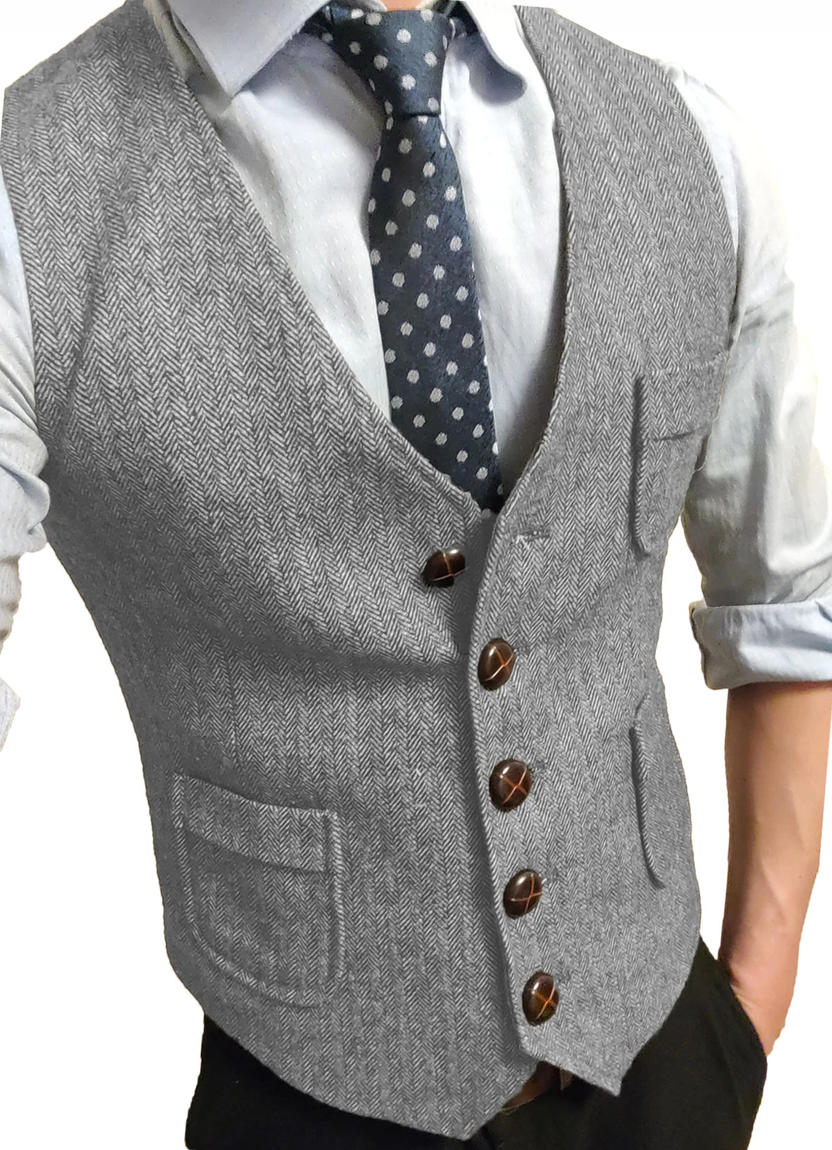 Men's Formal Suit Vest V-Neck Tweed Herringbone Waistcoat Business Dress Suit Vests for Wedding voguable