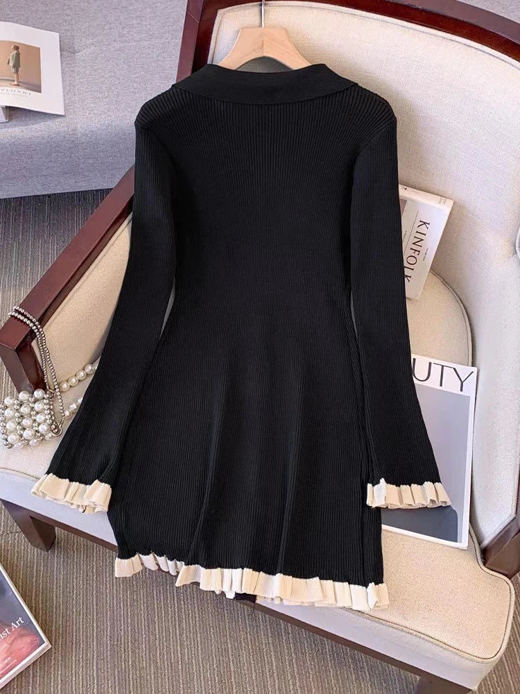 Autumn Winter French Fashion Old Money Long Sleeve Knit Dress Women 2000s V-Neck Frock Mini One-Piece Vintage Coquette Elegant Pbong