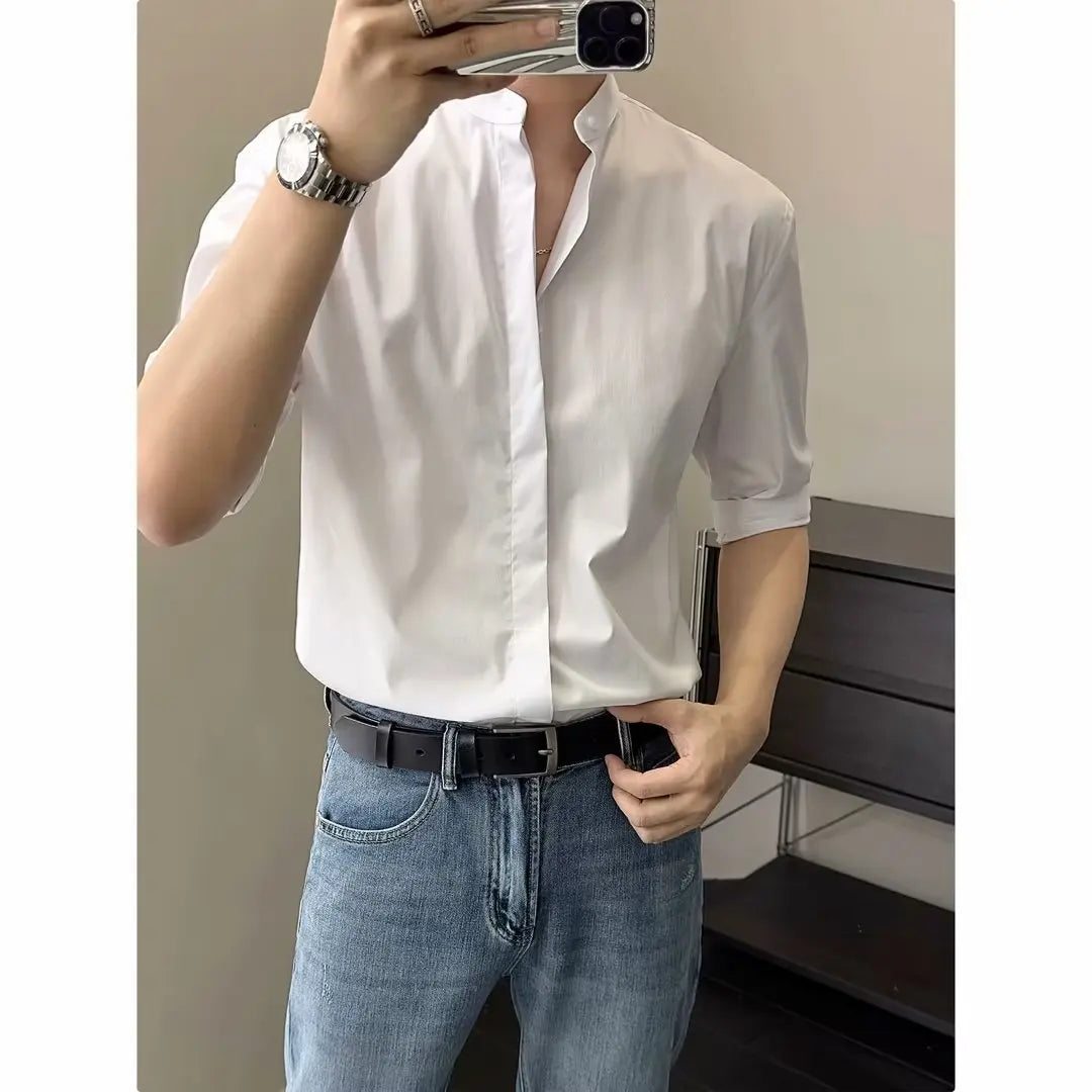 Summer Thin Stand-up Collar Ice Silk Short Sleeved Men Shirts New Chinese Style Business Casual Buttons Slim Half-sleeved Shirt voguable