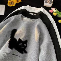 Voguable Streetwear Harajuku Waffle Cotton Kawaii Hoodies for Men O-Neck Oversized Sweatshirt Y2K Black Cat HIP HOP Punk Winter Clothes voguable