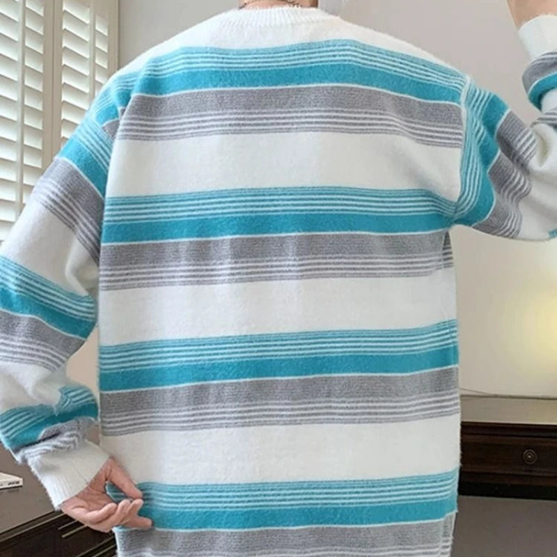 Autumn Winter New Fashion Round Neck Long Sleeve Striped Pullovers Men's Clothing Casual Loose Korean All-match Knitting Tops voguable