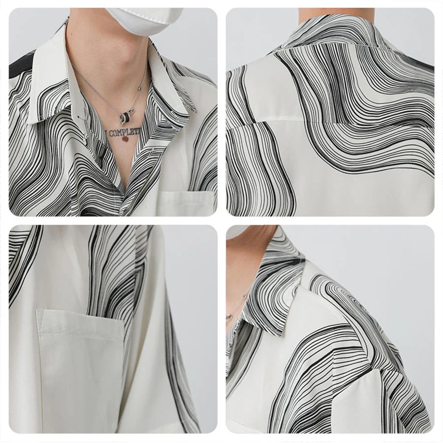 2023 New Korean Fashion Design Irregular Shirt Men Texture Pattern Loose Short Sleeve Summer Silky Drape Non-ironing Lapel Shirt voguable