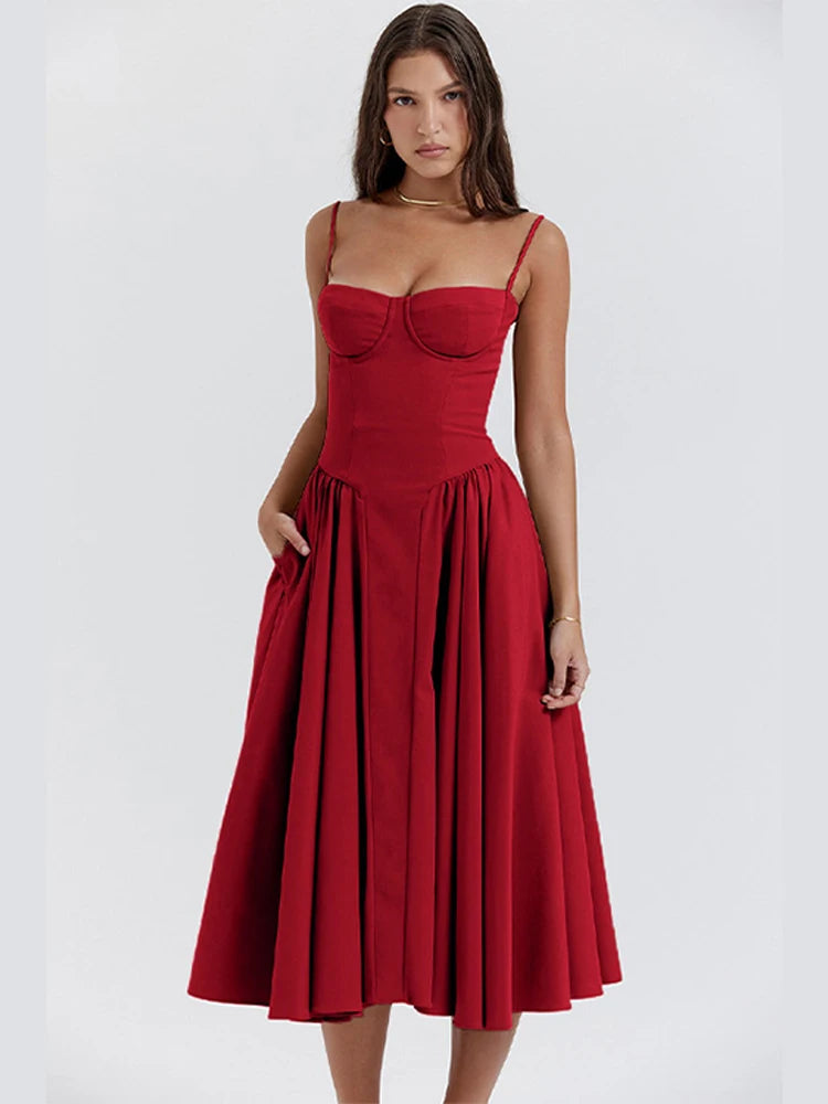 Sexy Solid Pleated Hem Sling Dress Women Fashion Midi Sleeveless Backless Dresses Female 2024 Summer Party Evening A-line Robes voguable