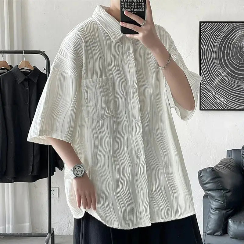 High-end three-quarter sleeve shirt men's short-sleeved summer thin fashion brand ins handsome ice silk shirt casual large size voguable