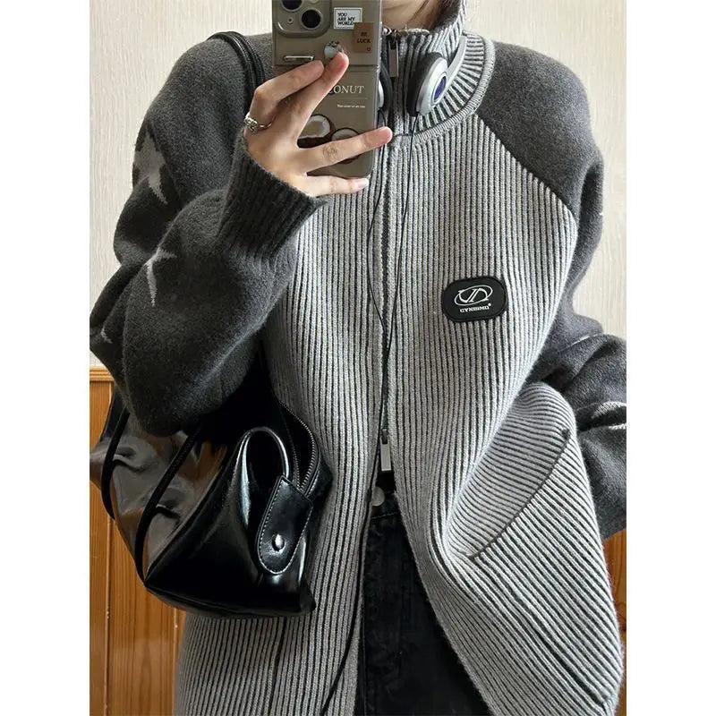 Zipper Sweater Couple's Wear Autumn and Winter New Outerwear Loose Temperament Lazy Style Contrast Color Knitted Cardigan voguable