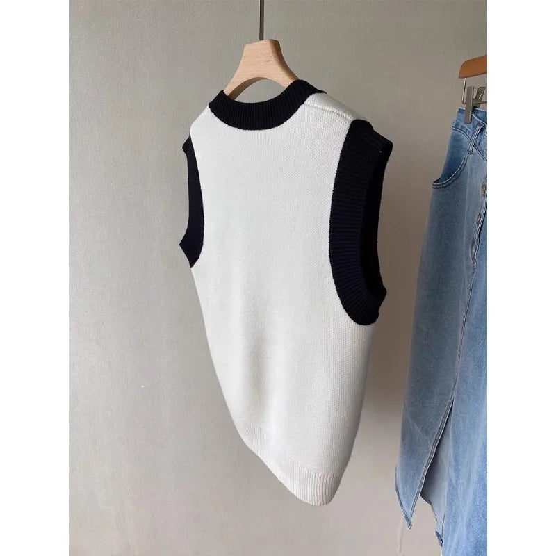 High Quality Acrylic Black and White Patchwork Knitted Sweater Vests for Men and Women Autumn New V-neck Sleeveless Men's Vest voguable