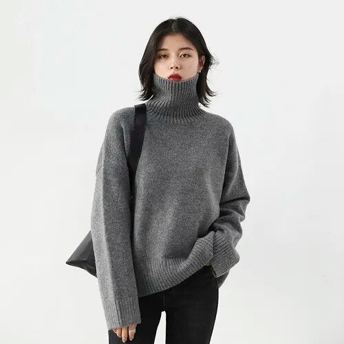 Korean Women's Sweater Loose Turtleneck Sweaters Warm Solid Pullover Knitwear Basic Female Tops Autumn Winter voguable