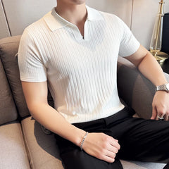 Men Striped Polo Shirt 2024 Summer Light Thin Breathable Solid Casual Elastic Slim Fit Short Sleeved V-neck T-shirt Men Clothing voguable