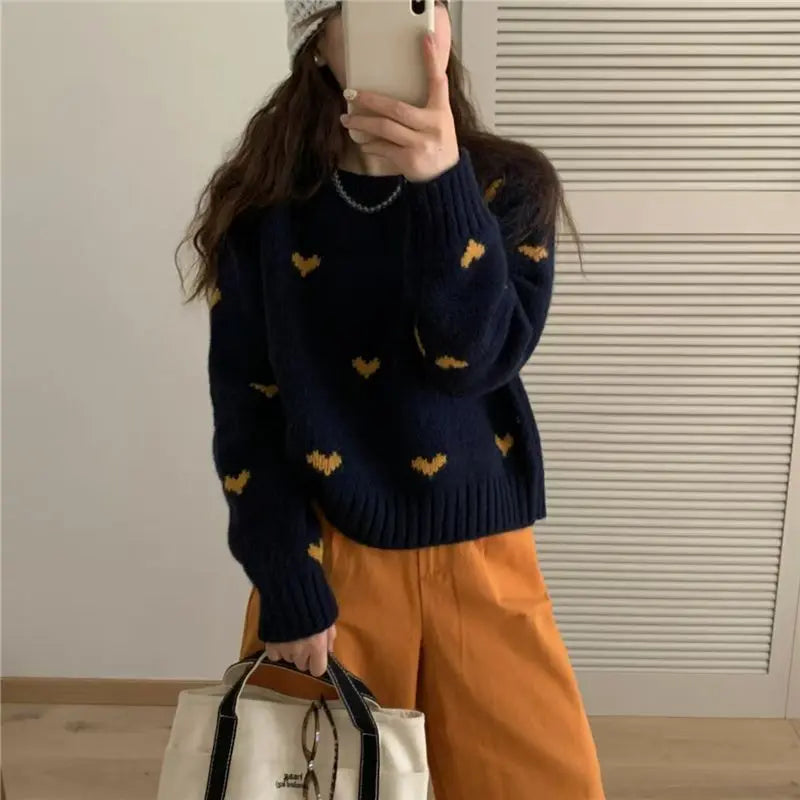 Love jacquard sweater for women in autumn and winter, loose, soft, lazy, high-end  short knitted sweater for little people voguable