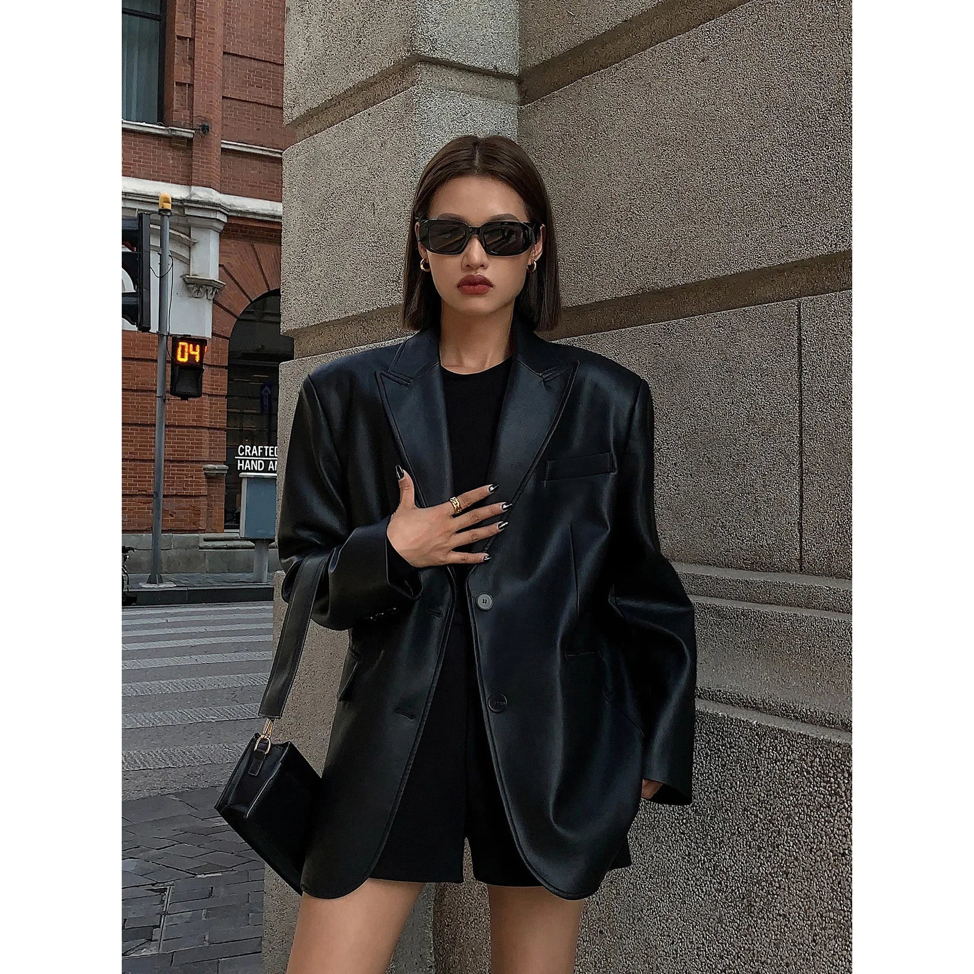 Ladies Fashion Black PU Leather Suit Jacket Spring and Autumn New High-grade Texture Solid Color Loose Small Suit Leather Woman voguable