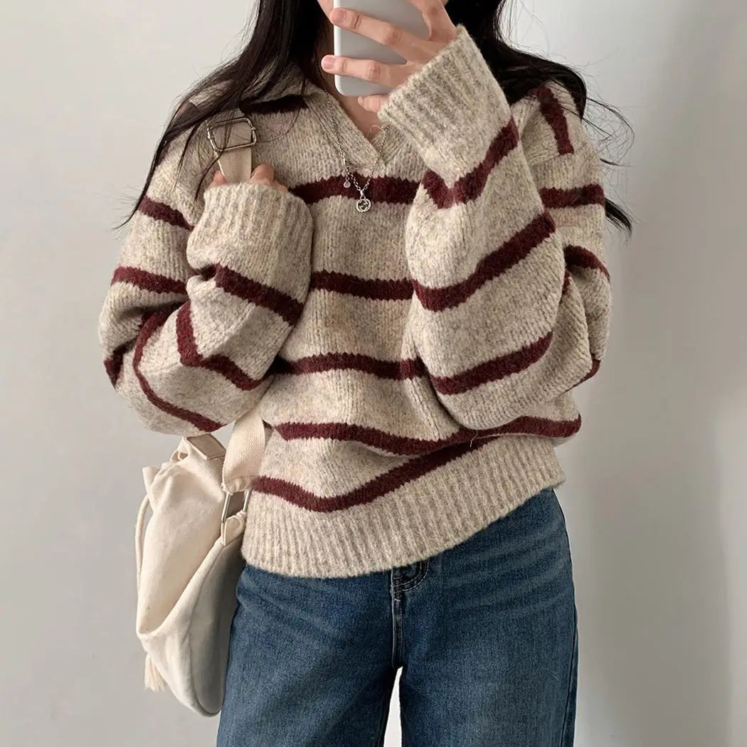 Large size Korean style lapel slimming contrast striped sweater women's winter long-sleeved loose pullover sweater y2k tops voguable